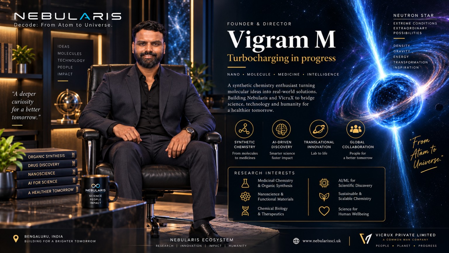 Vigram M — Founder and Director, represented by a neutron star